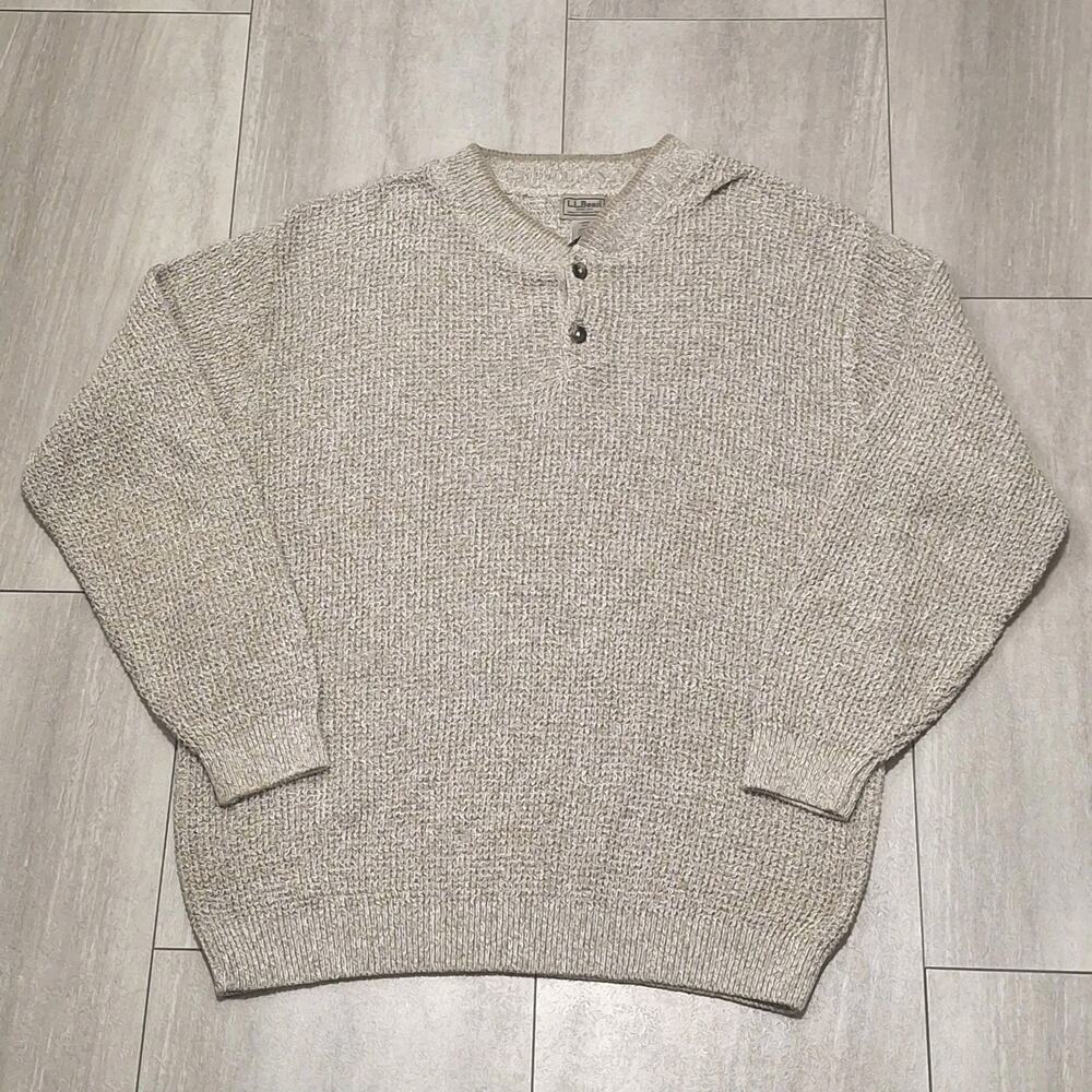 Mens L Tall L.L. Bean Light Brown Chunky Knit Henley Lambswool Sweater Made USA